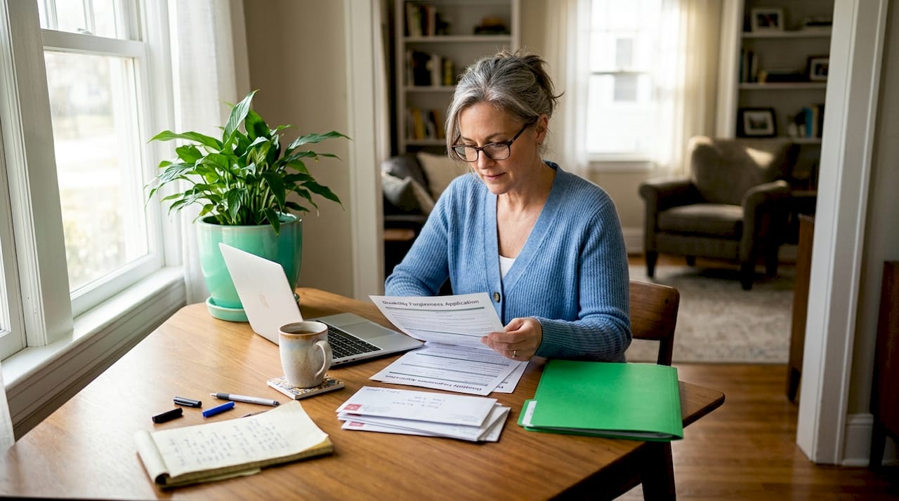 Woman reviewing disability forgiveness paperwork at desk