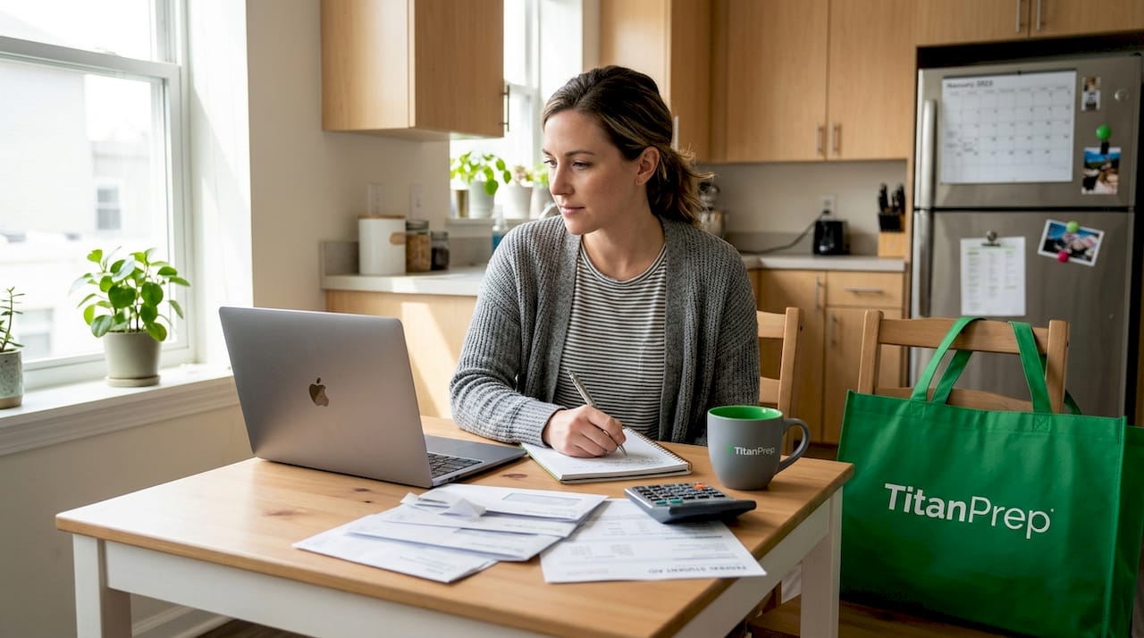Woman reviewing student loan paperwork at kitchen table
