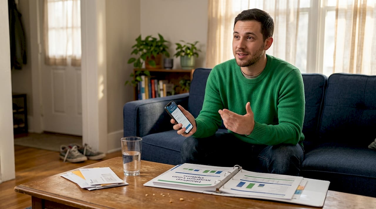 Man discussing loan relief with paperwork at home