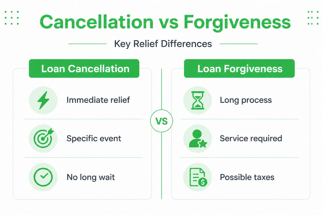 Infographic comparing loan cancellation and forgiveness features