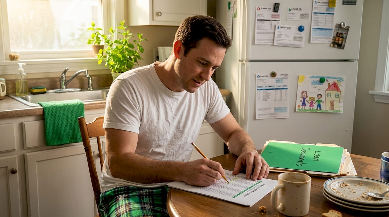 Man reviewing loan repayment schedule at kitchen table