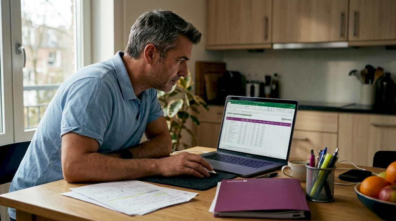 Man updating event information at kitchen table