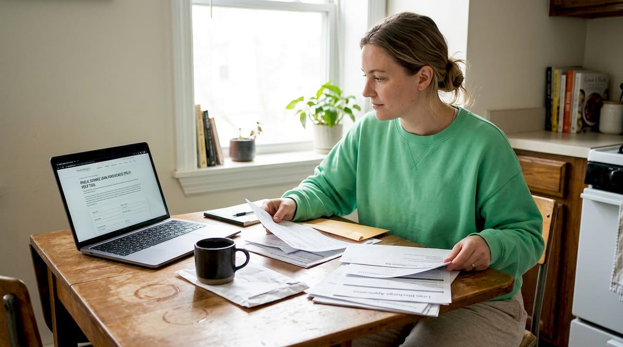 Woman reviewing student loan discharge forms at kitchen table