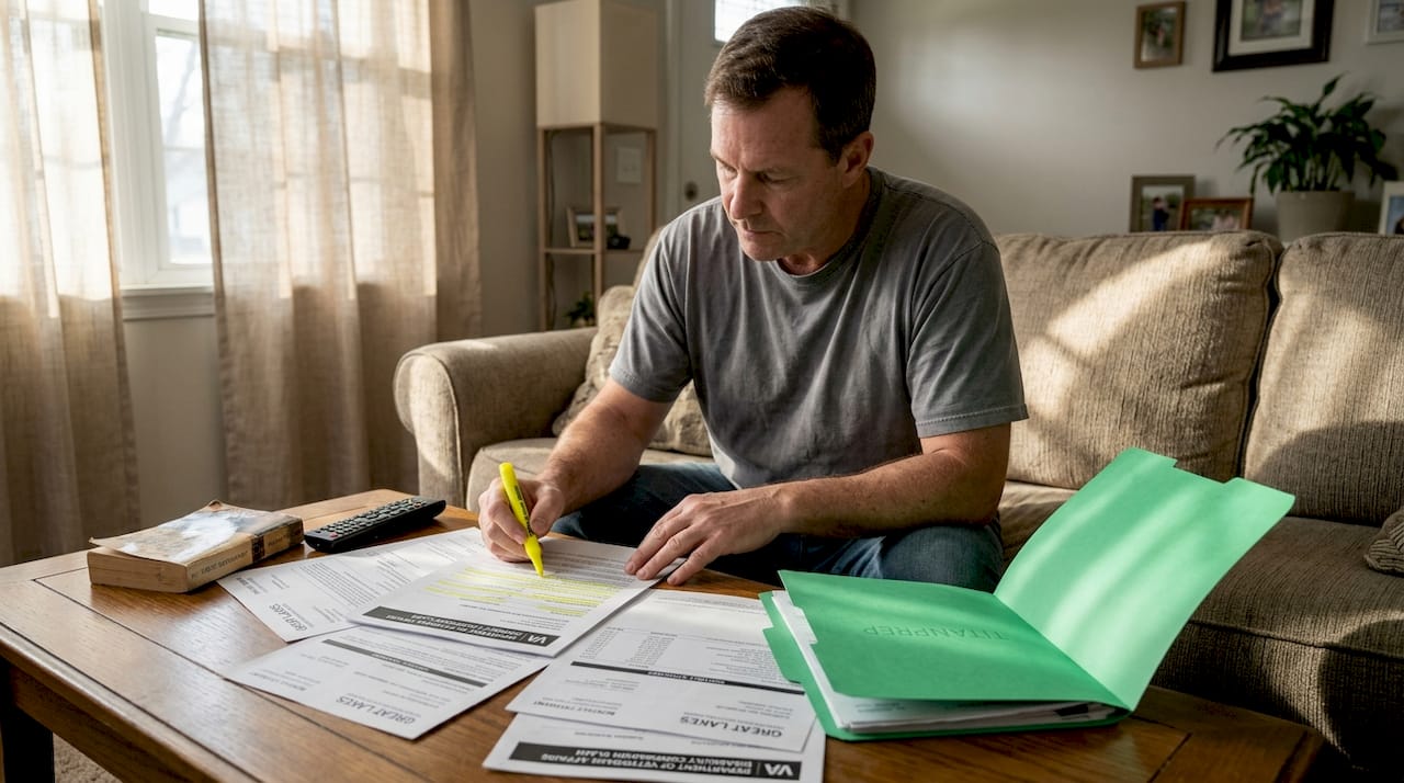 Veteran reviewing disability discharge paperwork in living room