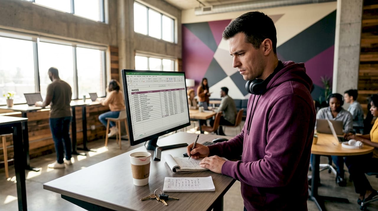 Assistant reviewing cost spreadsheet at coworking space