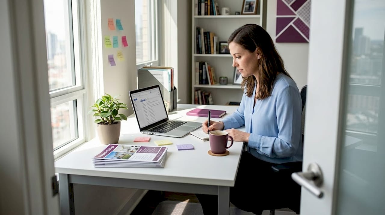 Real estate assistant working at home office desk