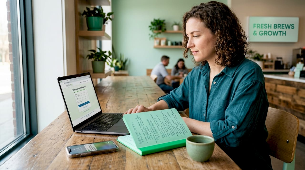 Graduate checks eligibility at kitchen table