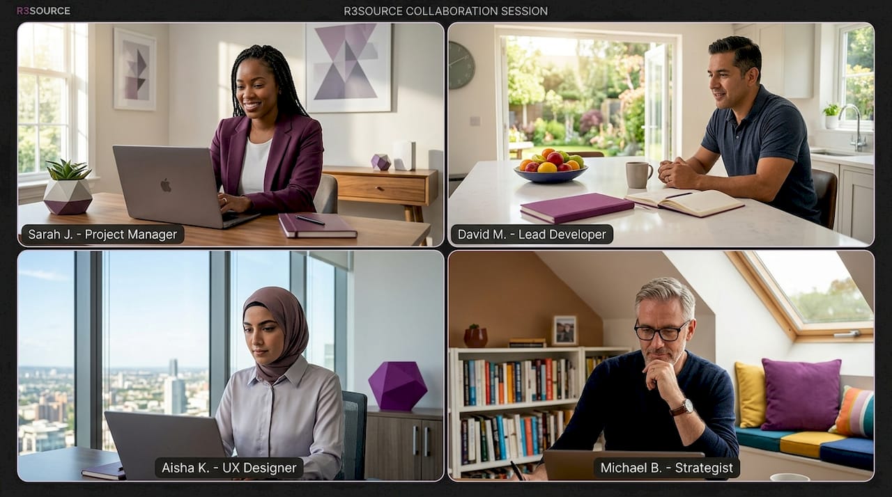 Remote team members collaborating from home offices