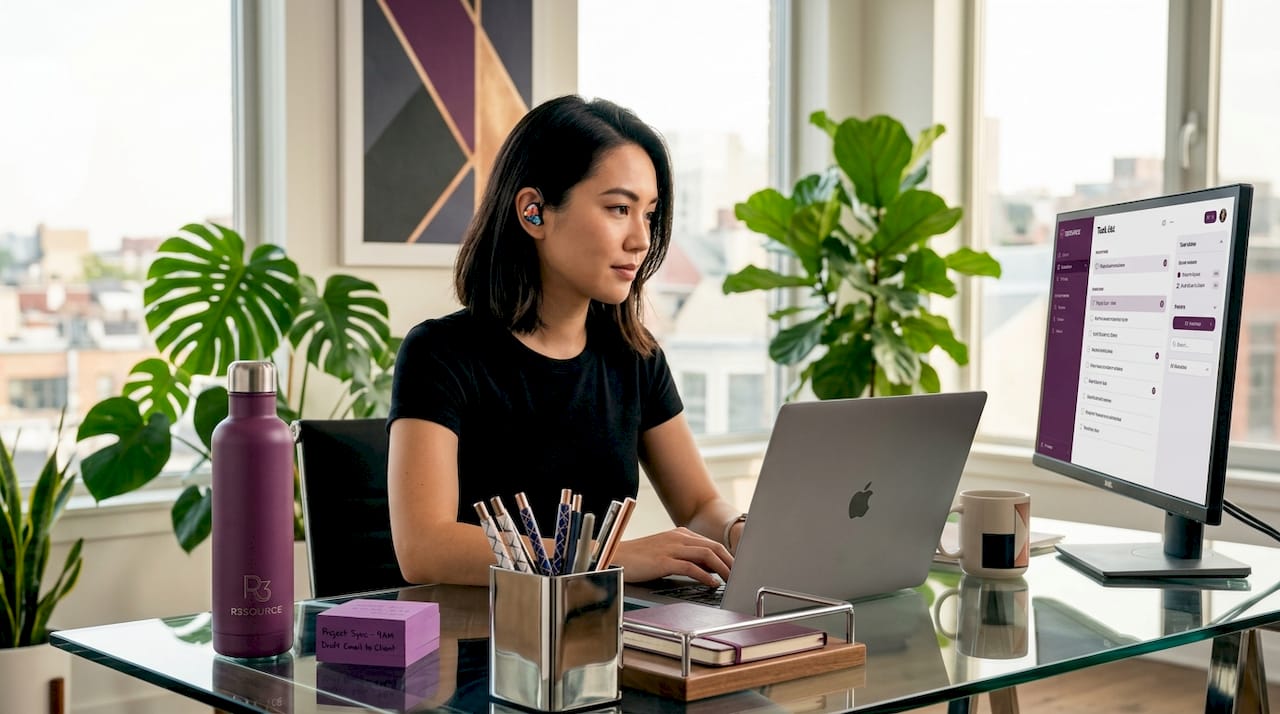 Virtual assistant typing in tidy home office