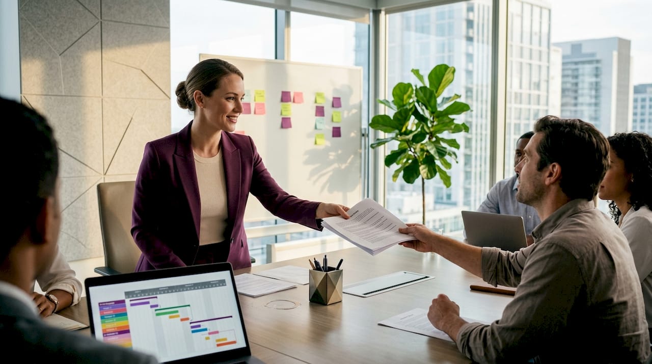 Entrepreneur handing off meeting notes in bright office