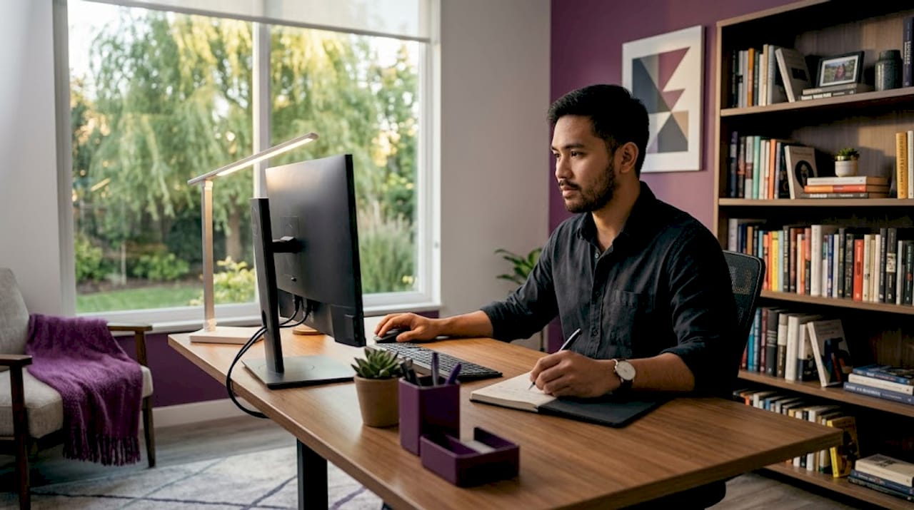 Filipino remote worker organizing files at home