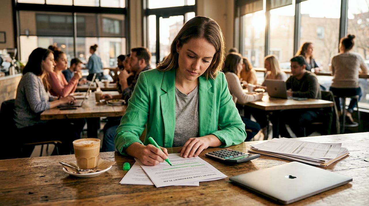 Sorting loan paperwork in a café setting