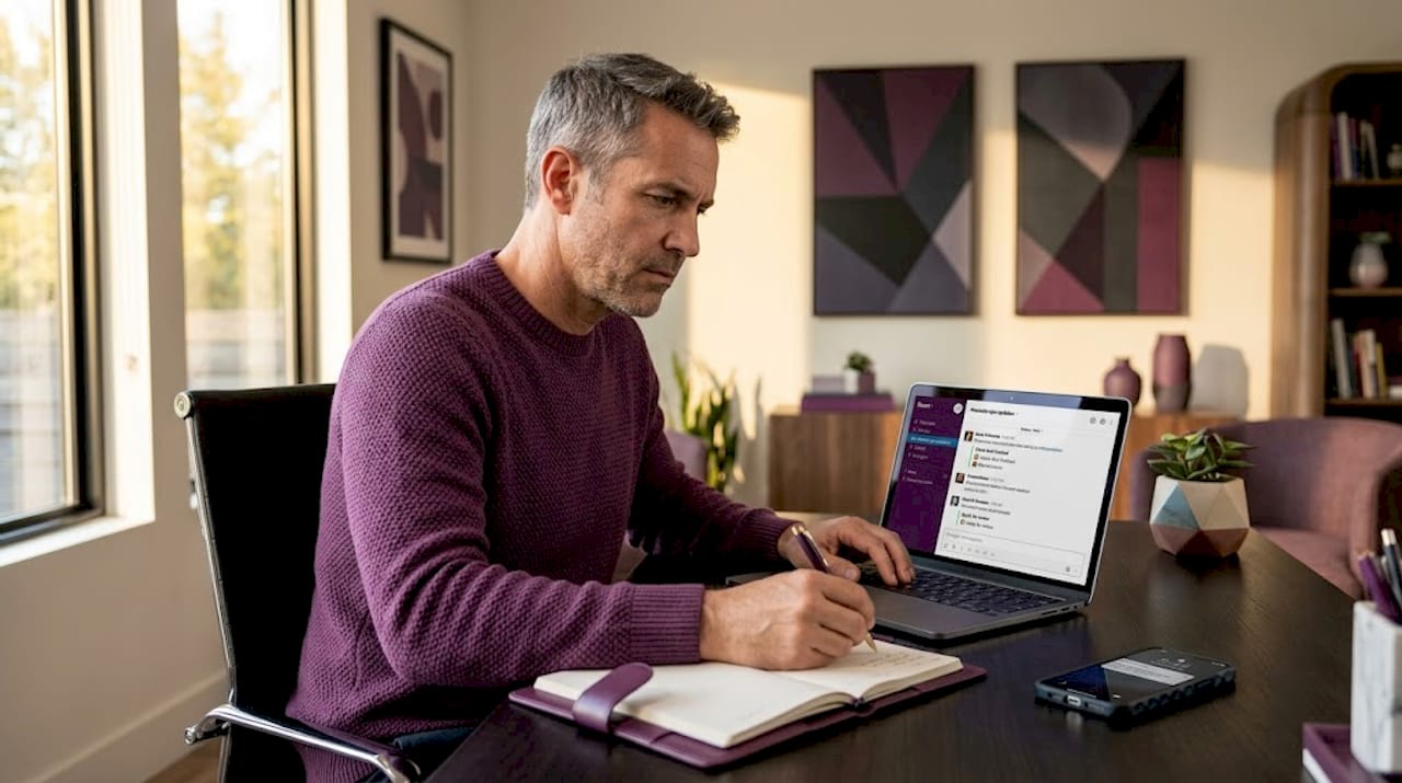 Remote manager reviewing digital team chat updates