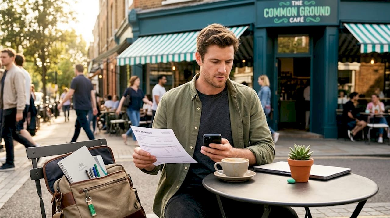 Man comparing loan statement with smartphone