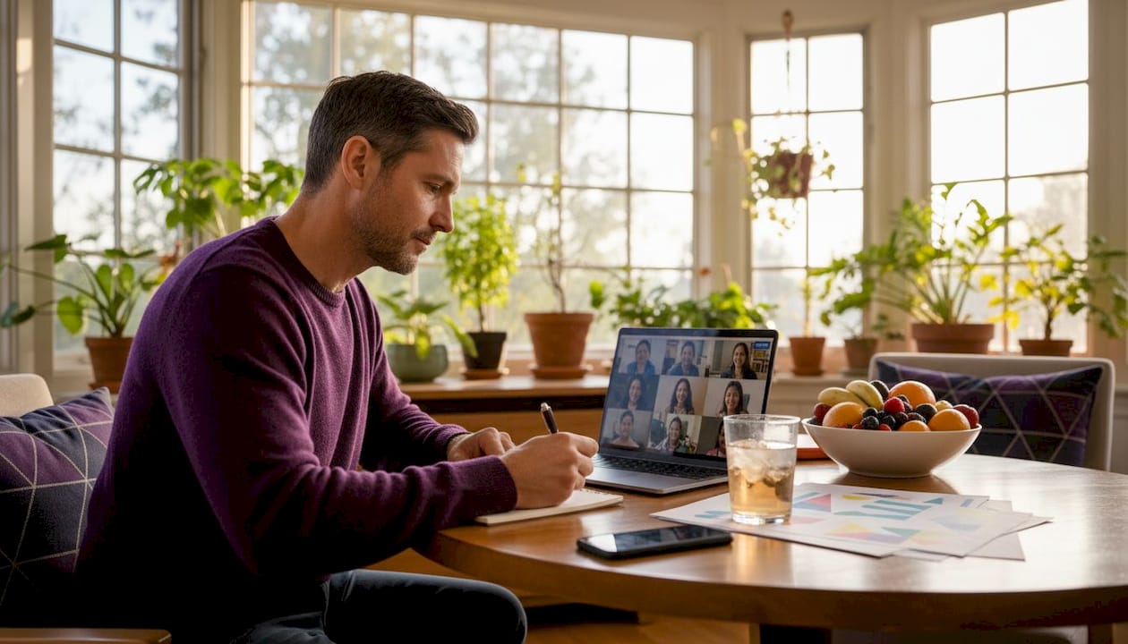 Freelancer video conference at kitchen table