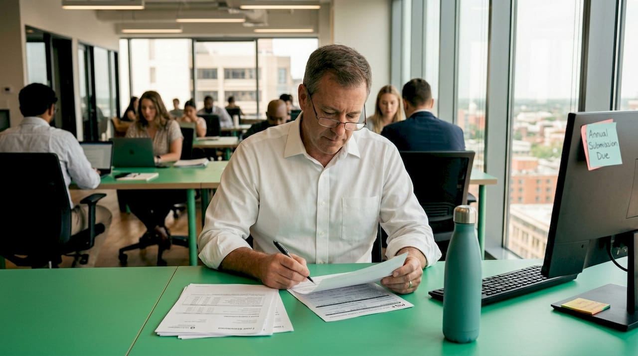 Man reviews public loan forgiveness forms at desk