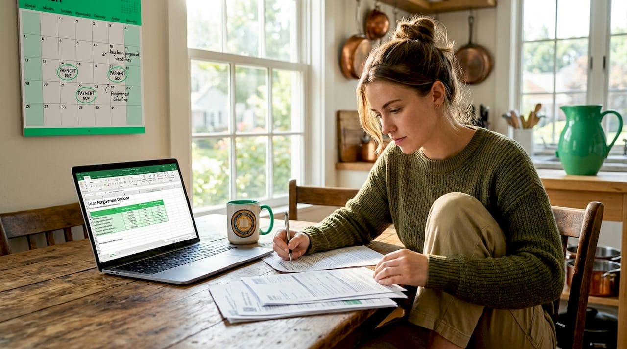 Student examines loan forgiveness paperwork at kitchen table
