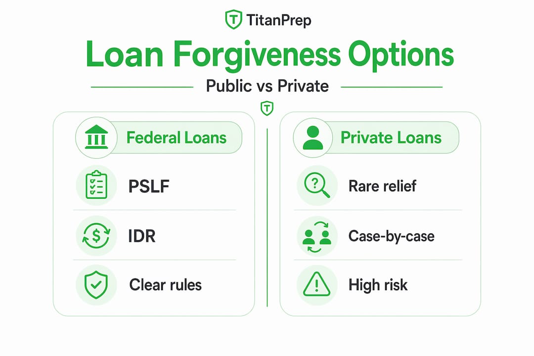 Infographic comparing federal and private loan forgiveness