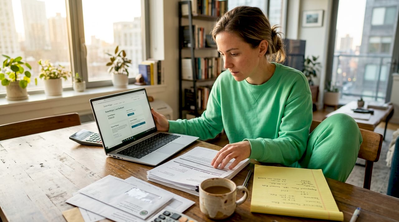Woman reviews student loan documents at kitchen table