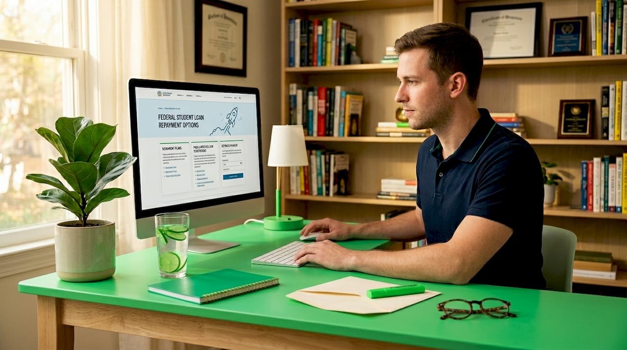 Man comparing student loan repayment options online