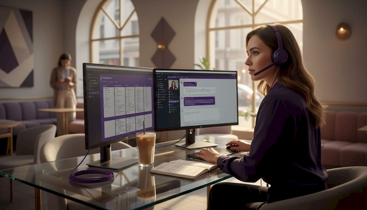 Customer support professional using virtual assistant tools