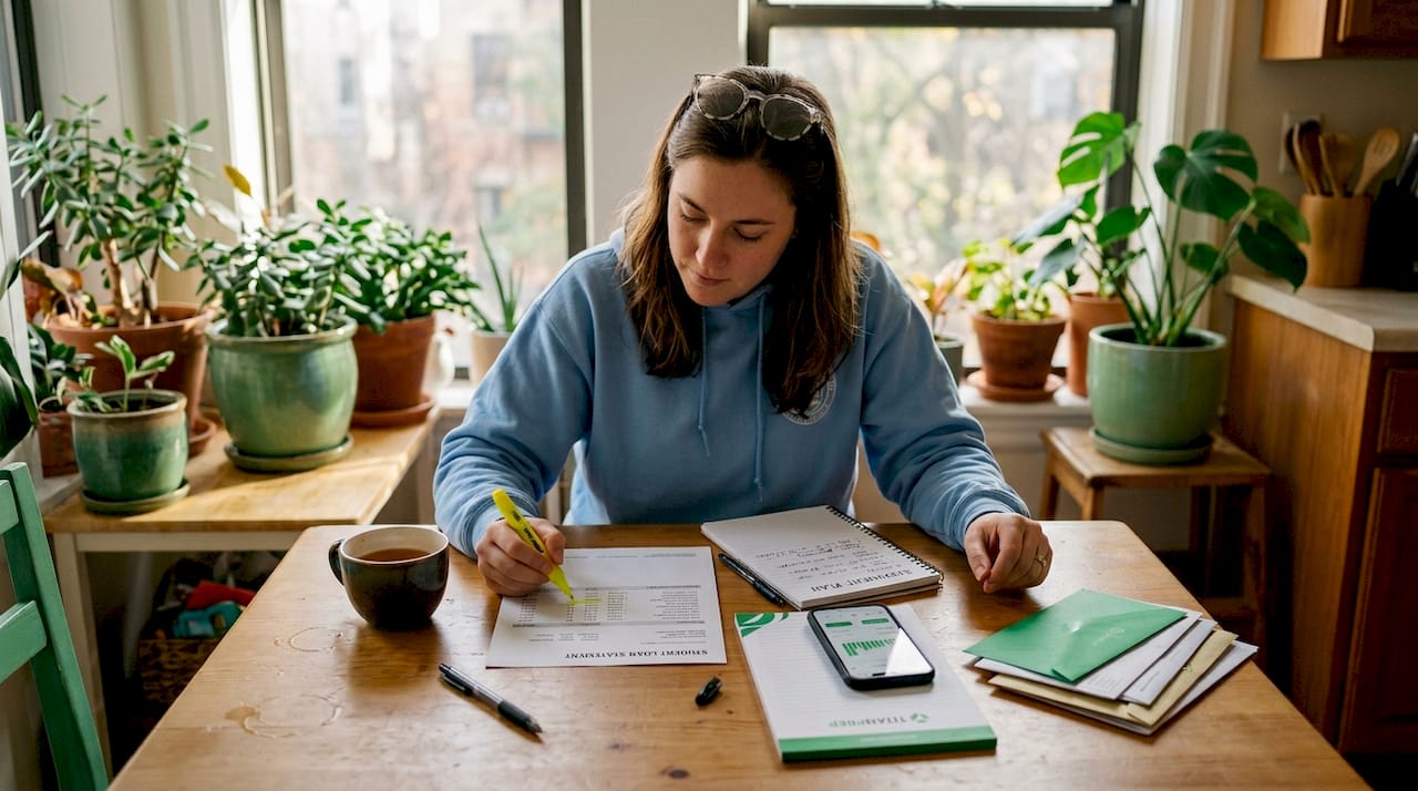 Young woman reviewing student loan paperwork at kitchen table