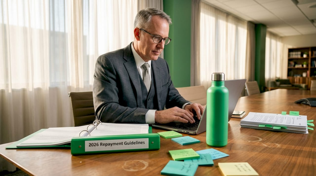 Policy analyst reviewing student loan regulations in meeting room