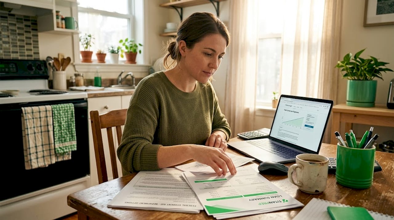 Woman reviewing student loan paperwork at home