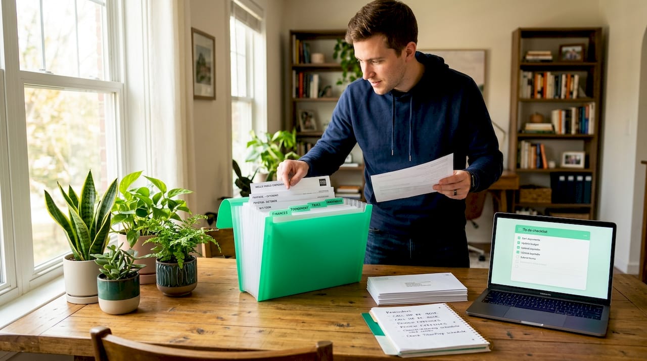 Man organizing loan documents on kitchen counter
