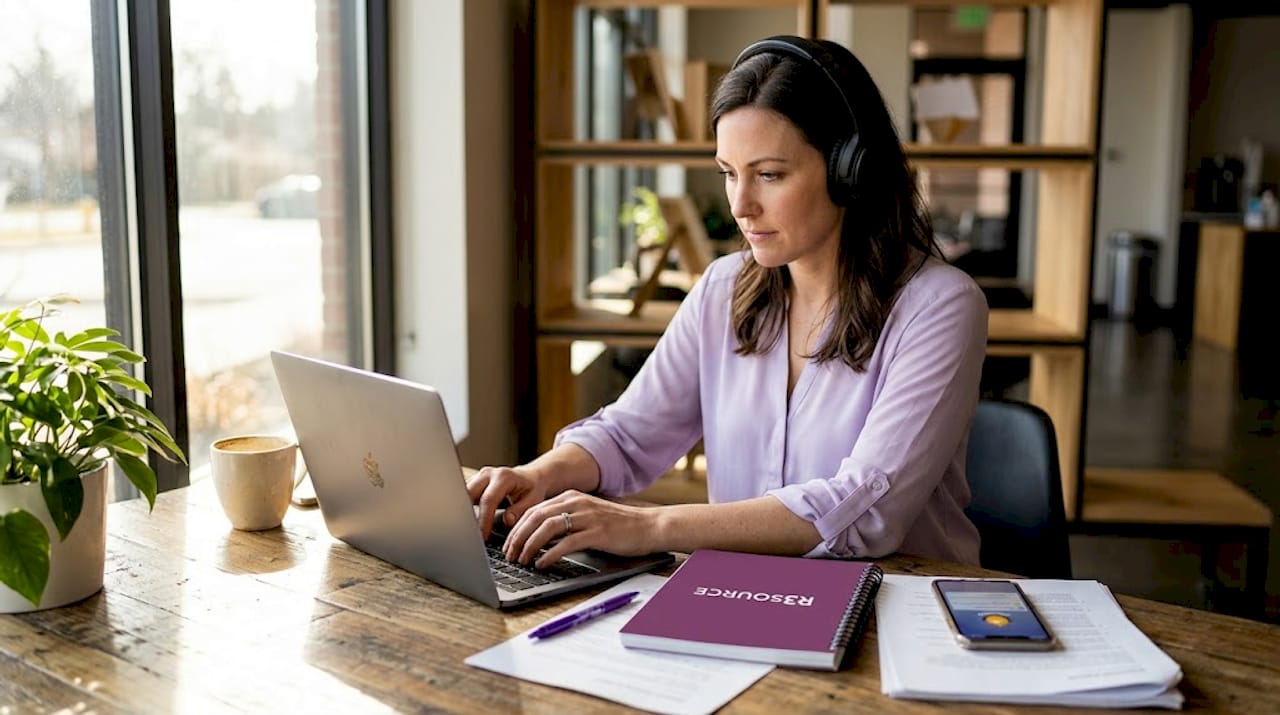 Woman uses laptop for virtual assistant tasks