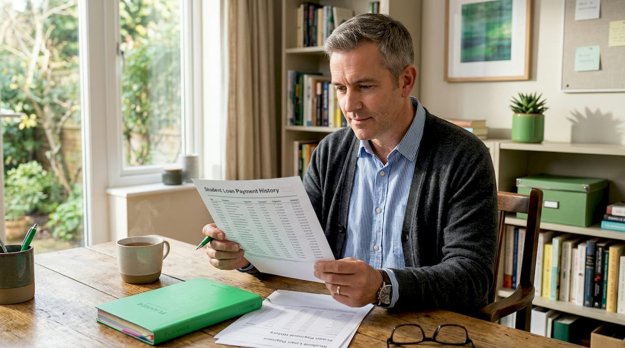 Man patiently reviewing student loan paperwork