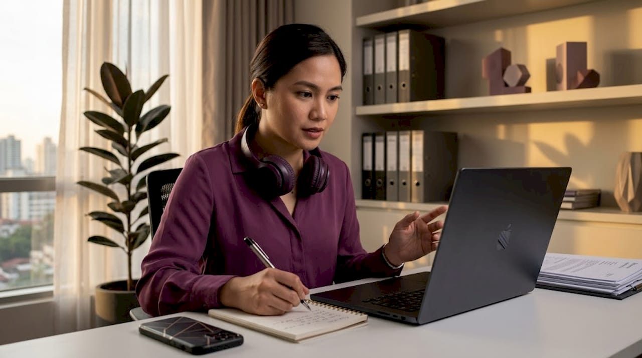 Filipino business analyst on video call in home office