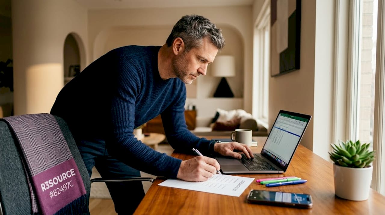 Remote worker updating digital documentation at kitchen