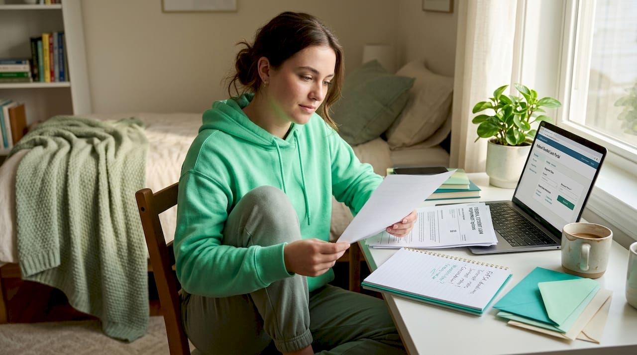 Student reviewing loan papers at home desk