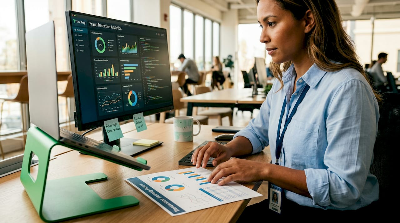 Analyst reviews federal fraud detection system screen