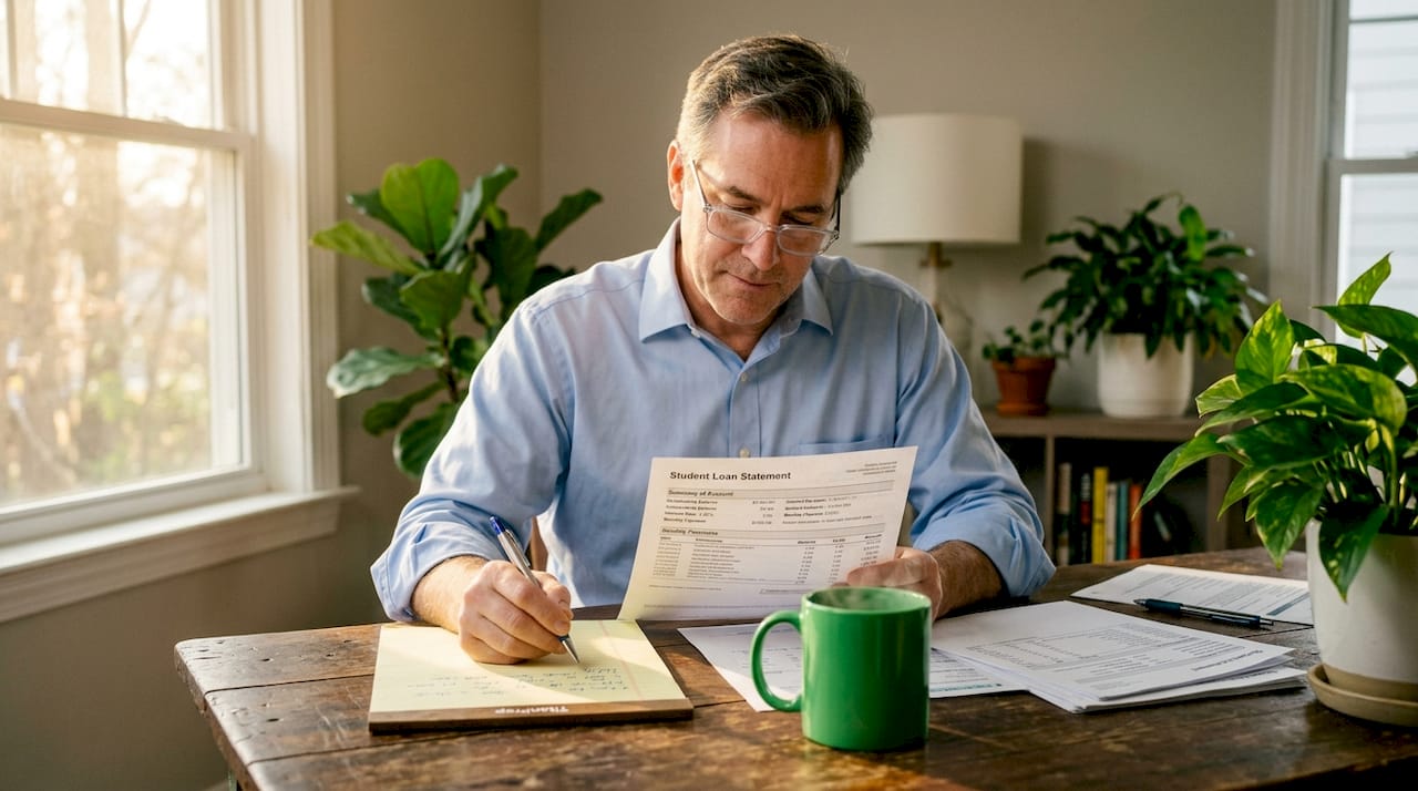 Parent reviewing loan repayment at home table