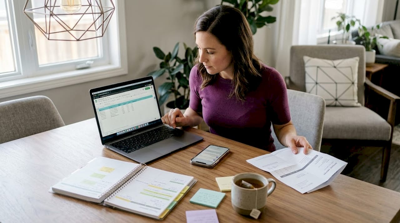 Woman multitasks at home operations workspace