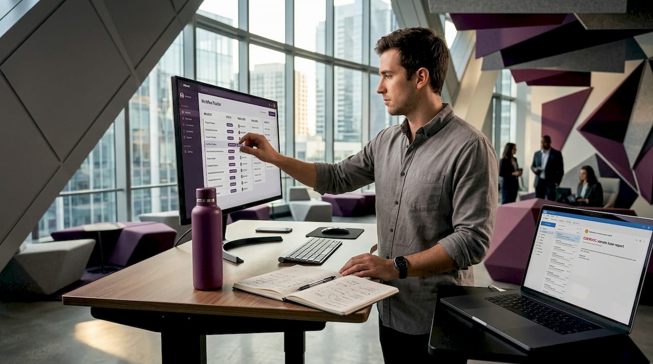 Man updates workflow tracker at standing desk