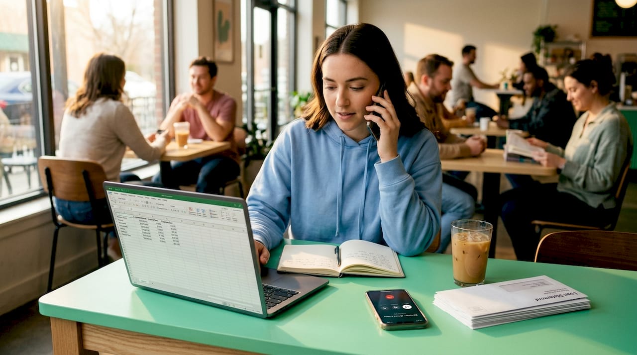 Borrower speaking with student loan servicer at home desk