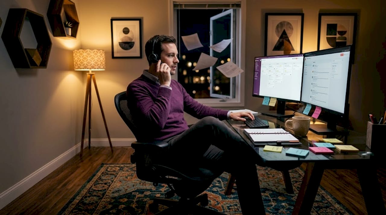 Founder working with virtual assistant at desk