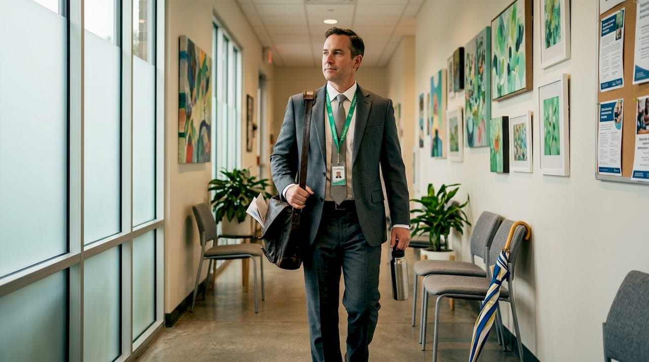 Public service worker walking in office hallway