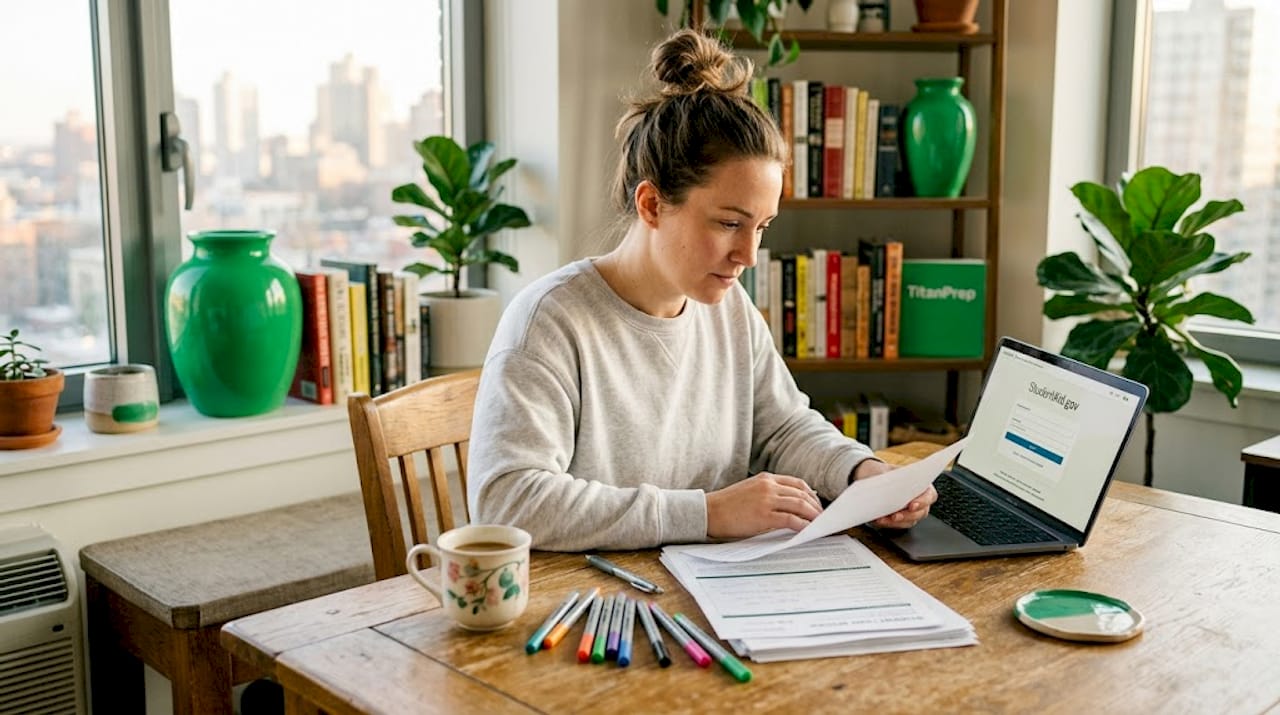 Woman reviewing student loan paperwork at kitchen table