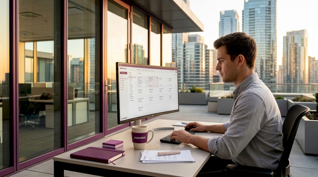 Assistant sorting emails in office corner