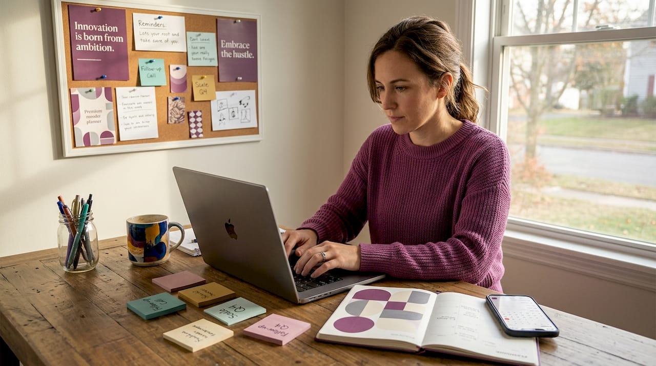 Small business owner working with laptop at kitchen table