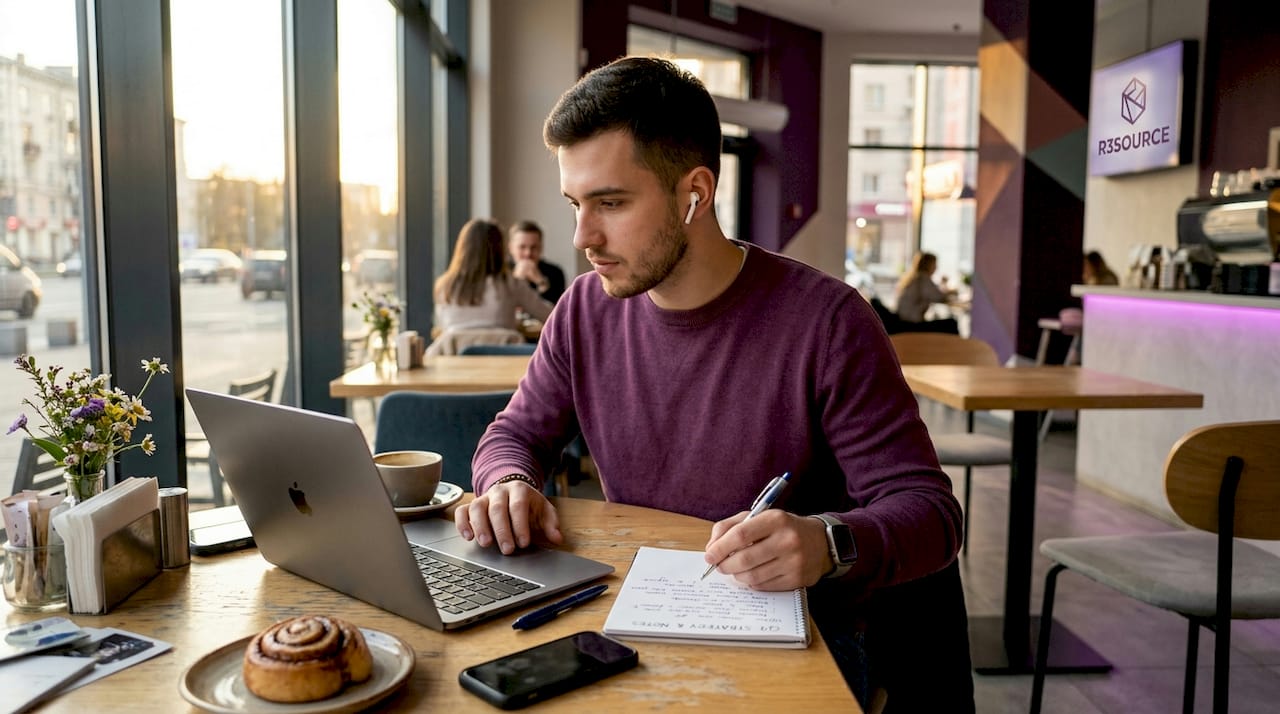 Freelancer managing checklist and notes in café