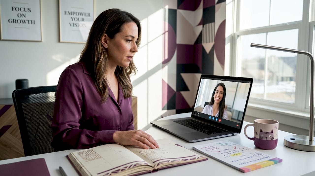 Small business owner video calling virtual assistant