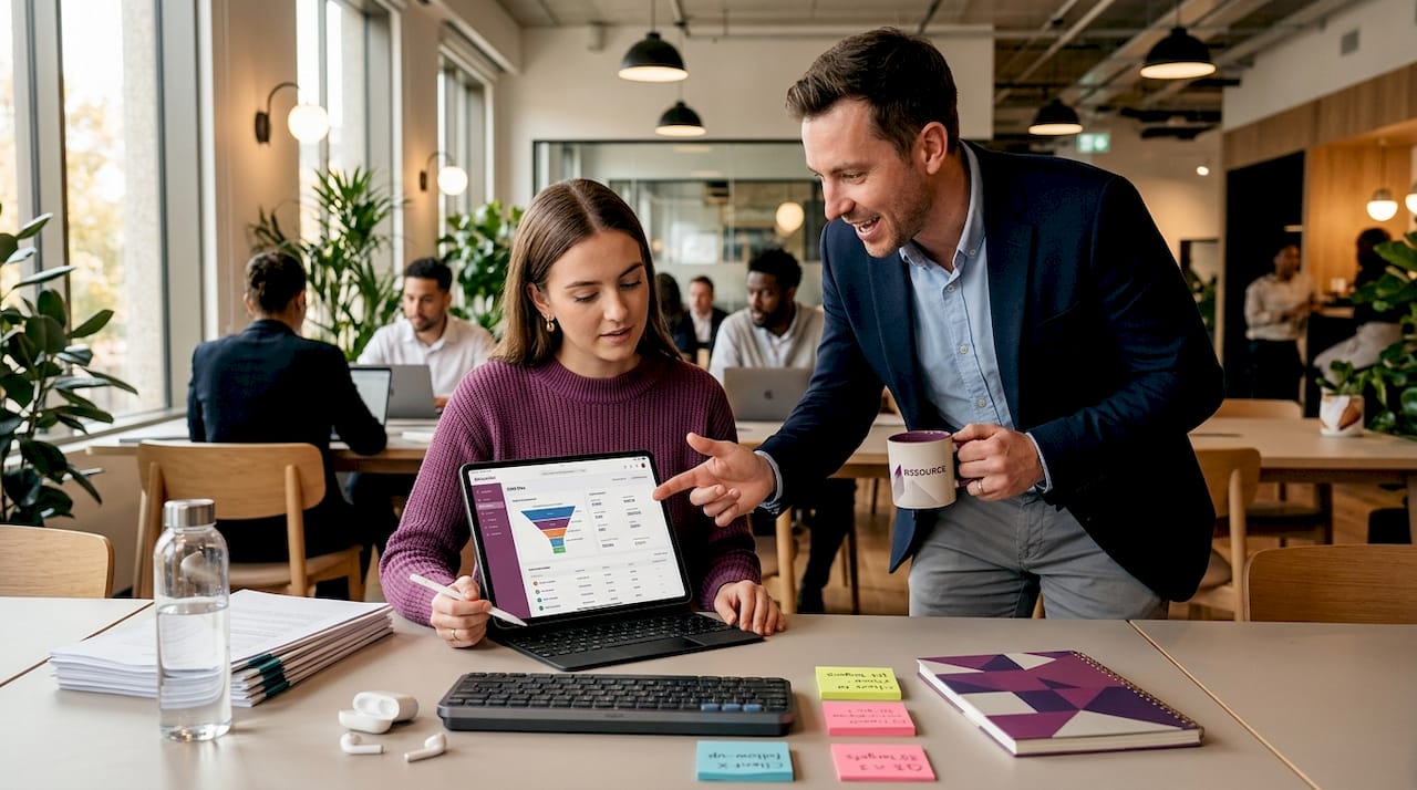 Virtual assistant and sales rep collaborating at desk