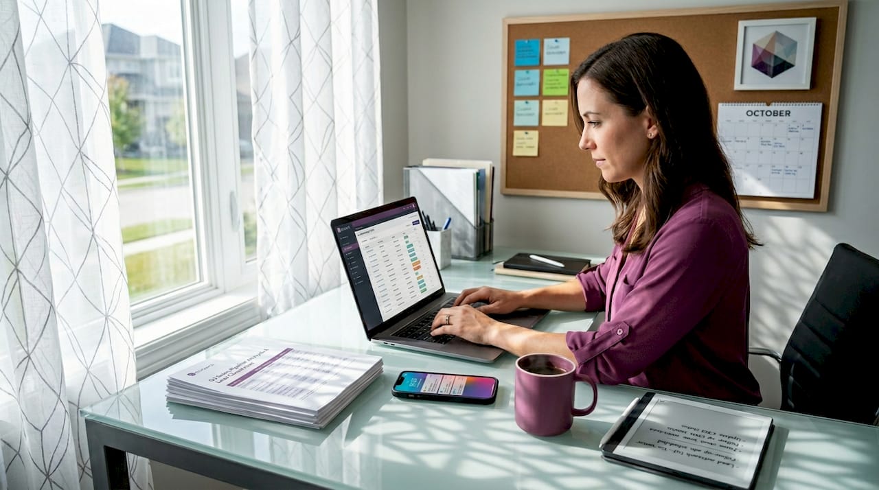 Sales virtual assistant entering data in home office