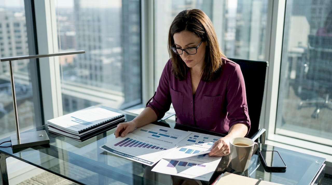 Businesswoman reviewing scalability charts at desk