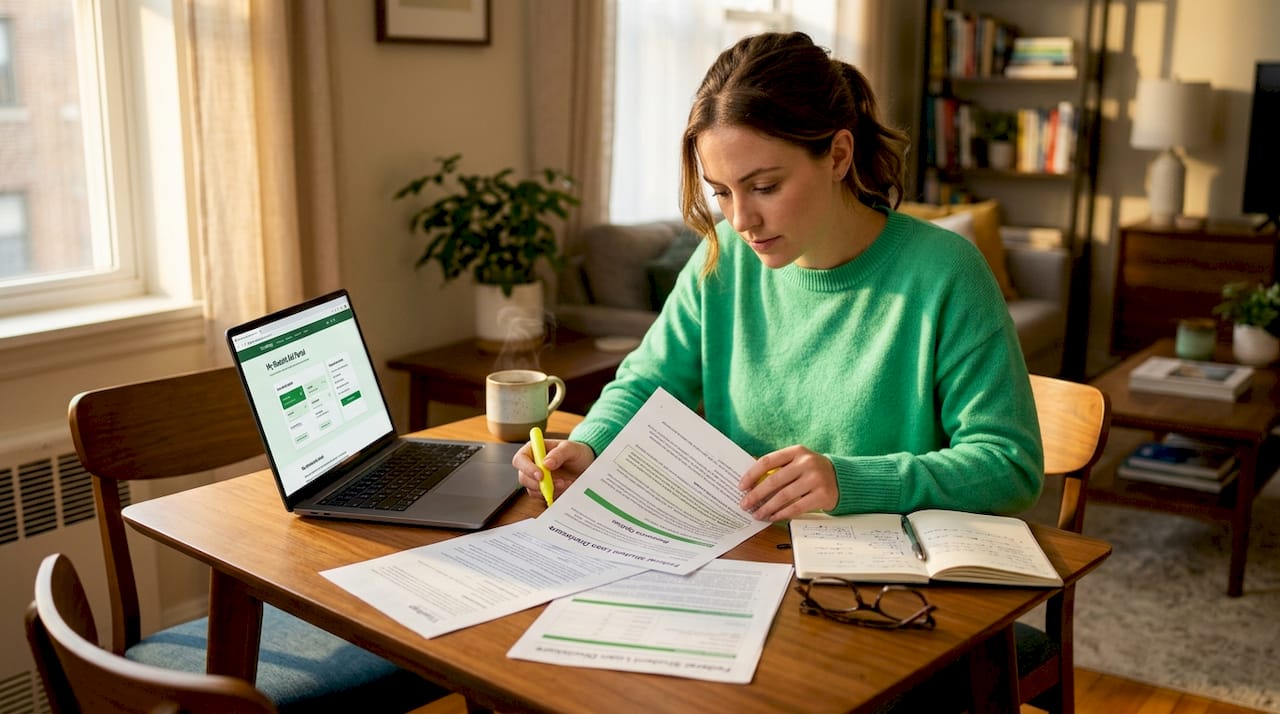 Student reviewing loan documents at kitchen table